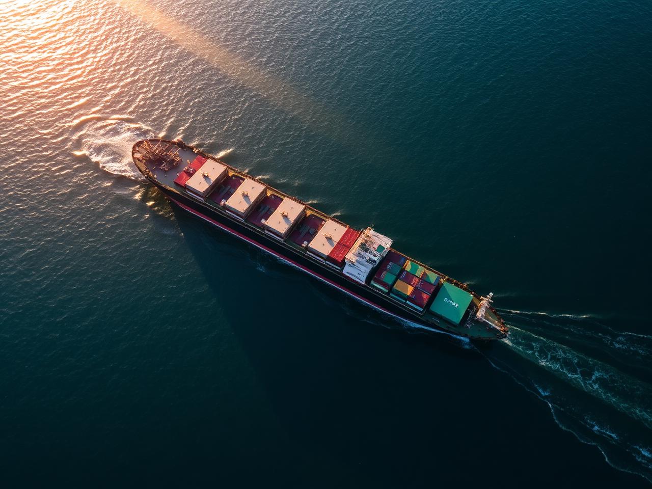 Container vessel underway at dawn